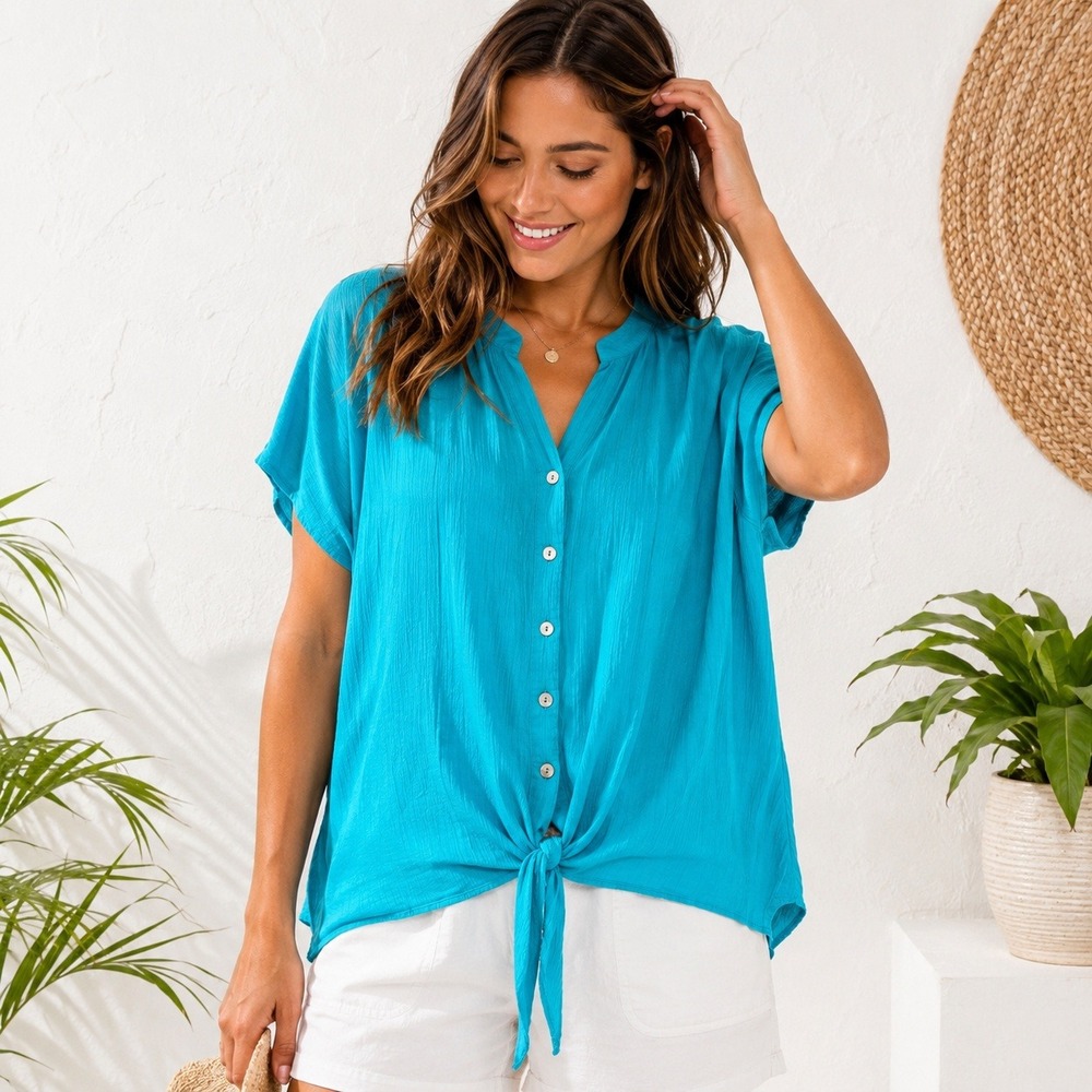 Chicos Turquoise Blue Textured Gauze Tie Front Button Down Top Size 2 L/XL